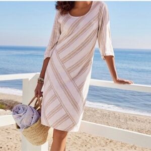 Soft Surroundings Petite Equinox Dress Striped Linen Knee Length Neutral White
